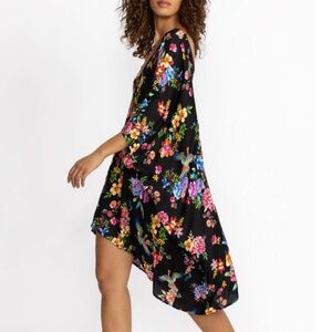 Johnny Was Sognatore Nero High Low Silk Blend Kaftan Black Floral Multi SZ L/XL